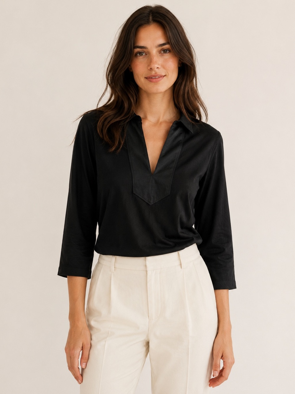 Lauren Ralph Lauren Black Cotton V-Neck Top Contrast Placket 3/4 Sleeve M